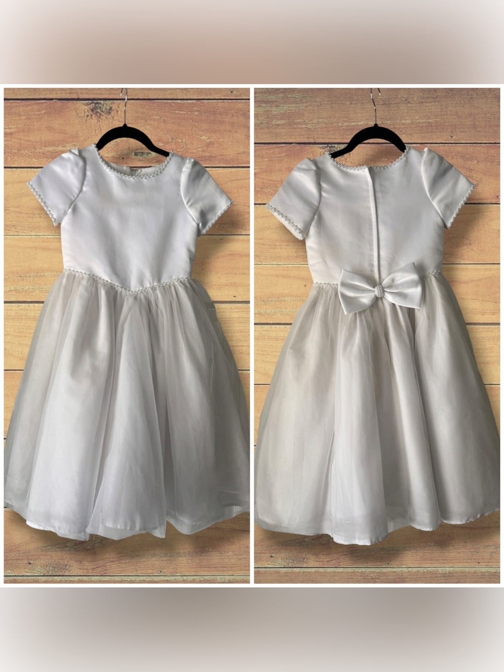 L’Etoile White Satin & Tulle Flower Girl Dress with Beaded Trim, Size 6